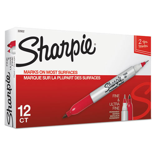 Image of Sharpie® Twin-Tip Permanent Marker, Extra-Fine/fine Bullet Tips, Red, Dozen