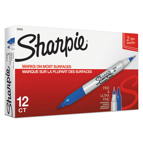 Image of Sharpie® Twin-Tip Permanent Marker, Extra-Fine/fine Bullet Tips, Blue, Dozen