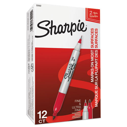 Image of Sharpie® Twin-Tip Permanent Marker, Extra-Fine/fine Bullet Tips, Red, Dozen
