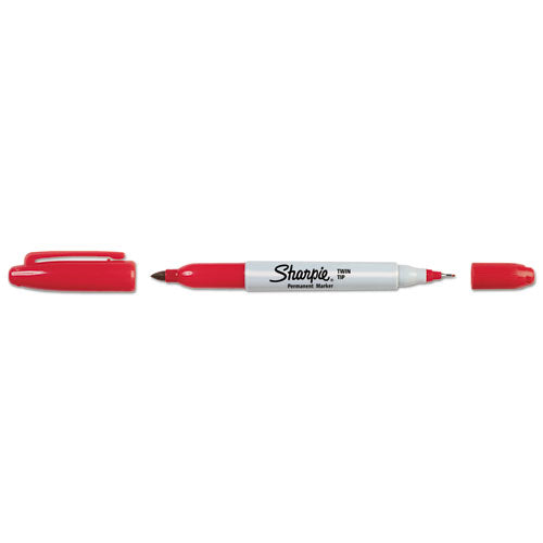 Image of Sharpie® Twin-Tip Permanent Marker, Extra-Fine/fine Bullet Tips, Red, Dozen