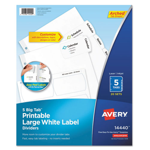 Image of Avery® Big Tab Printable Large White Label Tab Dividers, 5-Tab, 11 x 8.5, White, 20 Sets