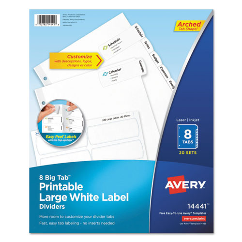 Image of Avery® Big Tab Printable Large White Label Tab Dividers, 8-Tab, 11 x 8.5, White, 20 Sets