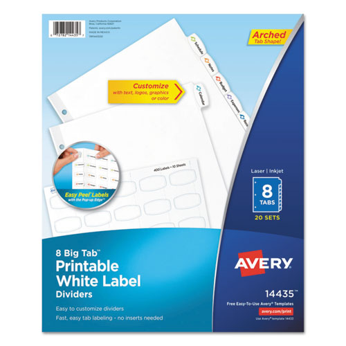 Image of Avery® Big Tab Printable White Label Tab Dividers, 8-Tab, 11 x 8.5, White, 20 Sets