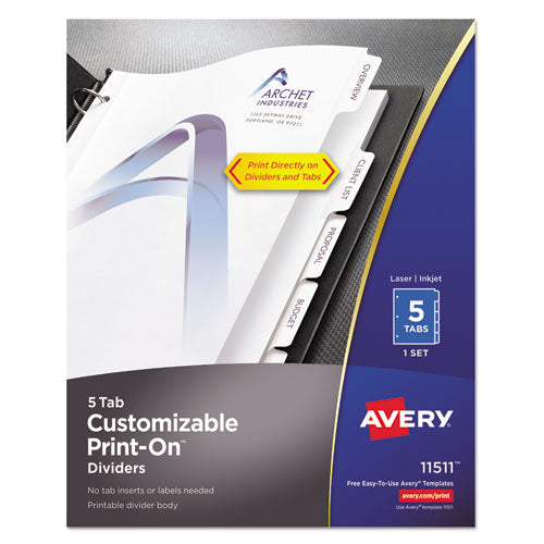 Image of Avery® Customizable Print-On Dividers, 3-Hole Punched, 5-Tab, 11 x 8.5, White, 1 Set