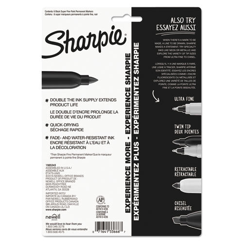 Image of Sharpie® Super Permanent Marker, Fine Bullet Tip, Black, 6/pack