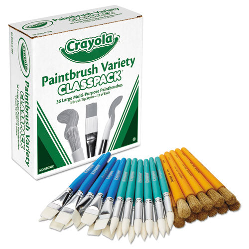 Image of Crayola® Large Variety Paint Brush Classpack, Natural; Nylon Bristles, Flat; Round Profiles, 36/set