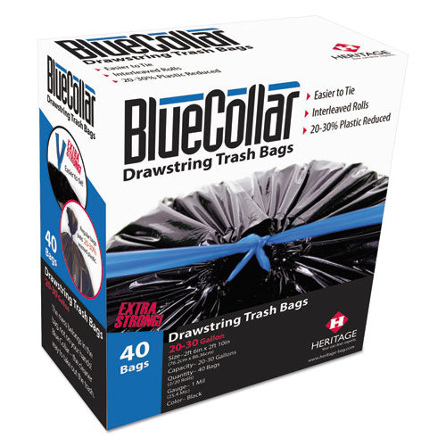 Image of BlueCollar Drawstring Trash Bags, Drawstring, 30 gal, 1 mil, 30" x 34", Black, 20 Bags/Roll, 2 Rolls/Box