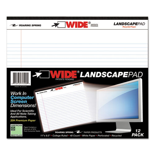 Image of Roaring Spring® Wide Landscape Format Writing Pad, Unpunched With Standard Back, Medium/college Rule, 40 White 11 X 9.5 Sheets