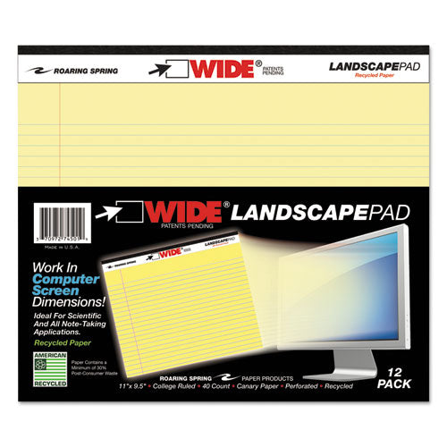 Image of Roaring Spring® Wide Landscape Format Writing Pad, Unpunched With Standard Back, Medium/college Rule, 40 Canary-Yellow 11 X 9.5 Sheets