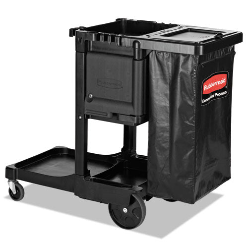 Image of Rubbermaid® Commercial Executive Janitorial Cleaning Cart, Plastic, 4 Shelves, 1 Bin, 12.1" x 22.4" x 23", Black
