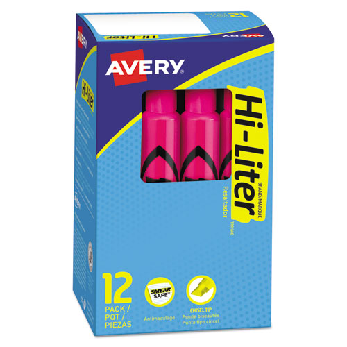 Image of Avery® Hi-Liter Desk-Style Highlighters, Fluorescent Pink Ink, Chisel Tip, Pink/black Barrel, Dozen