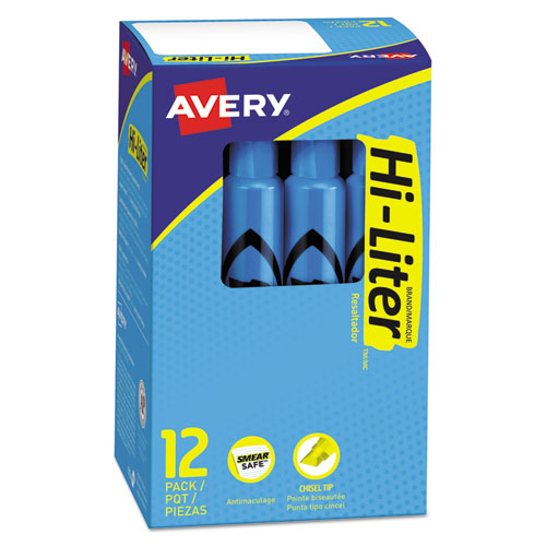 Image of Avery® Hi-Liter Desk-Style Highlighters, Fluorescent Blue Ink, Chisel Tip, Blue/black Barrel, Dozen