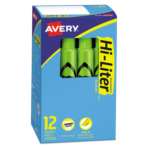 Image of Avery® Hi-Liter Desk-Style Highlighters, Fluorescent Green Ink, Chisel Tip, Green/black Barrel, Dozen