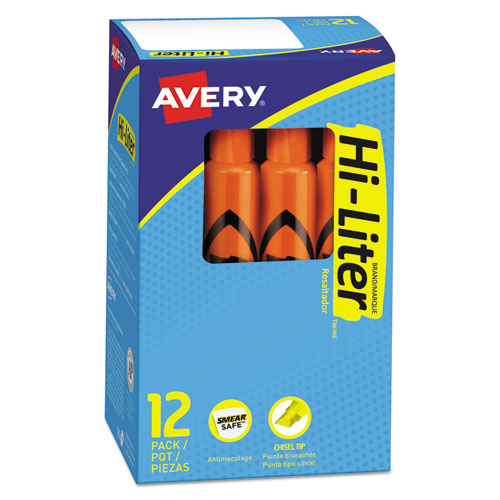 Image of Avery® Hi-Liter Desk-Style Highlighters, Fluorescent Orange Ink, Chisel Tip, Orange/black Barrel, Dozen
