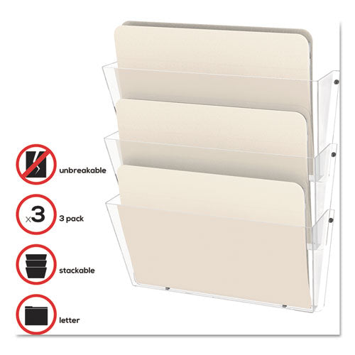 Image of deflecto® Unbreakable DocuPocket Wall File, 3 Sections, Letter Size, 14.5" x 3" x 6.5", Clear, 3/Pack