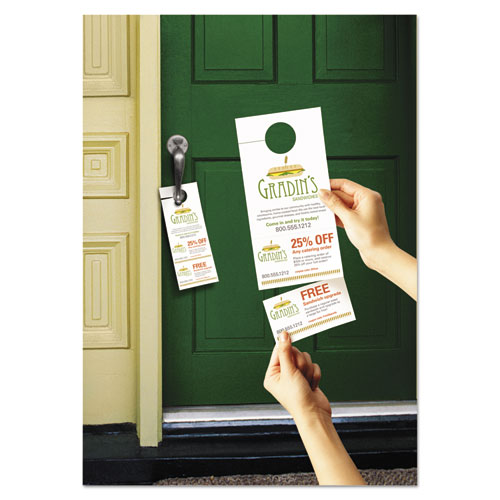 Image of Avery® Door Hanger with Tear-Away Cards, 97 Bright, 65 lb Cover Weight, 4.25 x 11, White, 2 Hangers/Sheet, 40 Sheets/Pack