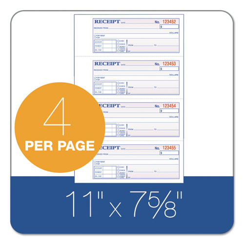 Image of Adams® Receipt Book, Three-Part Carbonless, 7.19 x 2.75, 4 Forms/Sheet, 100 Forms Total