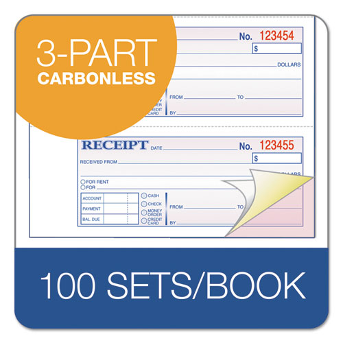 Image of Adams® Receipt Book, Three-Part Carbonless, 7.19 x 2.75, 4 Forms/Sheet, 100 Forms Total