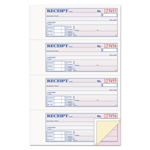 Image of Adams® Receipt Book, Three-Part Carbonless, 7.19 x 2.75, 4 Forms/Sheet, 100 Forms Total