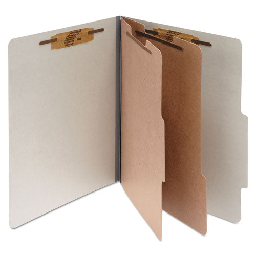 Image of ACCO Pressboard Classification Folders, 3" Expansion, 2 Dividers, 6 Fasteners, Letter Size, Mist Gray Exterior, 10/Box