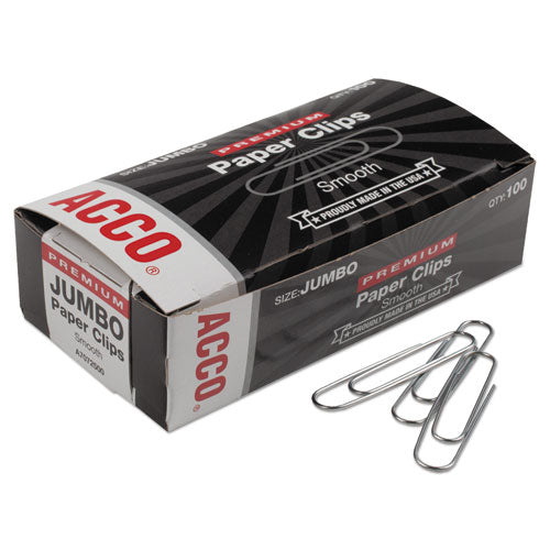 Image of ACCO Premium Heavy-Gauge Wire Paper Clips, Jumbo, Smooth, Silver, 100 Clips/Box, 10 Boxes/Pack