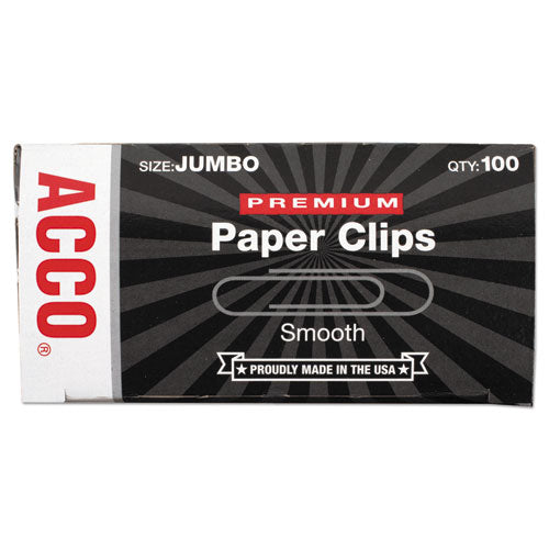 Image of ACCO Premium Heavy-Gauge Wire Paper Clips, Jumbo, Smooth, Silver, 100 Clips/Box, 10 Boxes/Pack