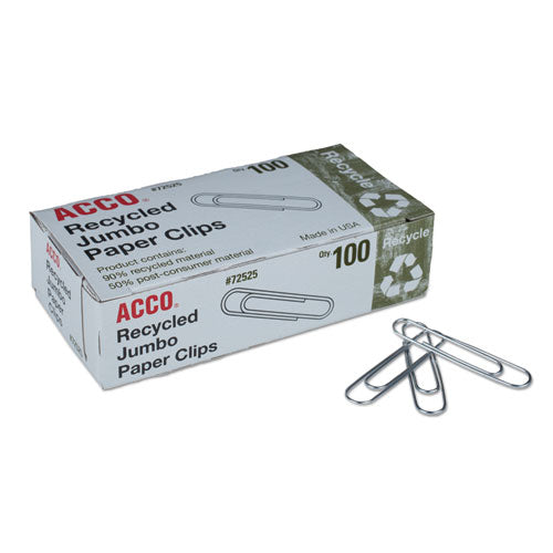 Image of ACCO Recycled Paper Clips, Jumbo, Smooth, Silver, 100 Clips/Box, 10 Boxes/Pack