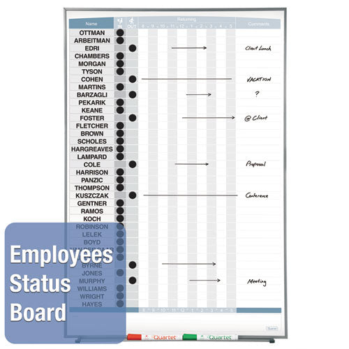 Image of Quartet® Matrix Employee In/Out Board, Vertical, 36-Person Tracking, 34" x 23", White Surface, Satin Aluminum Frame