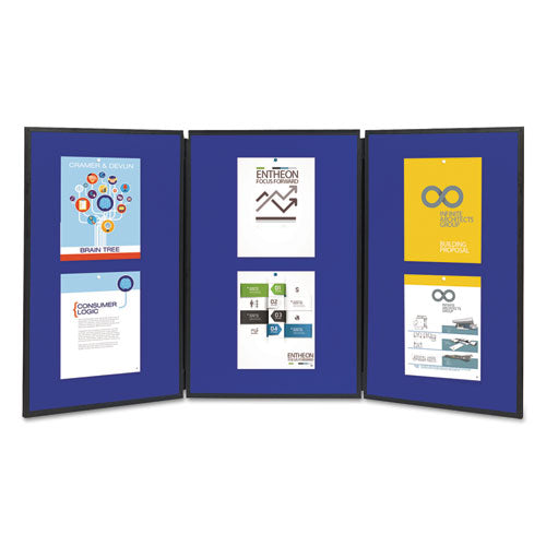 Image of Quartet® Show-It! Three-Panel Display System, 72" x 36", Blue/Gray Surface, Black PVC Frame