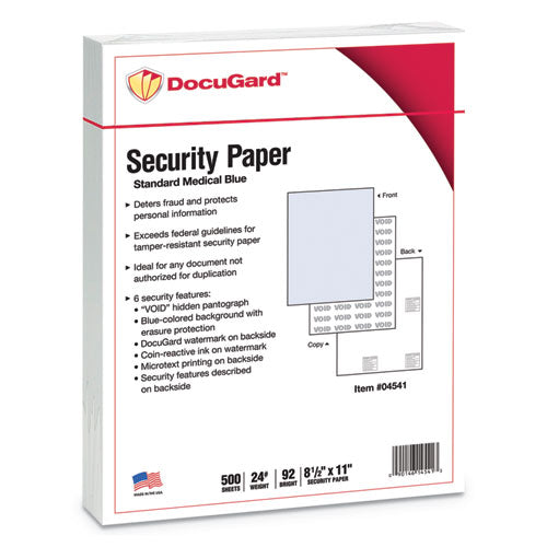Image of DocuGard Medical Security Papers, 24 lb Bond Weight, 8.5 x 11, Blue, 500/Ream