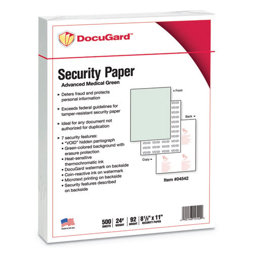 Image of DocuGard Medical Security Papers, 24 lb Bond Weight, 8.5 x 11, Green, 500/Ream
