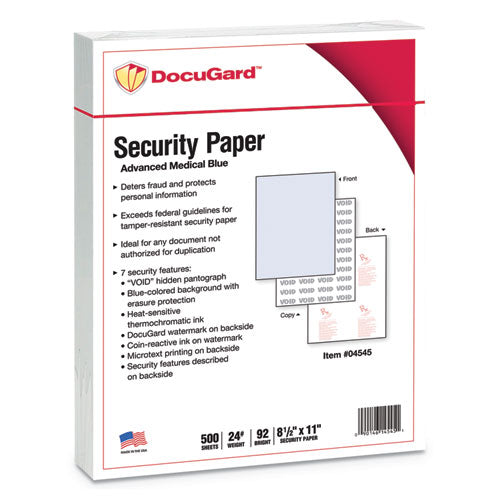 Image of DocuGard Medical Security Papers, 24 lb Bond Weight, 8.5 x 11, Blue, 500/Ream