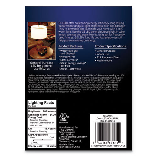 Image of GE Led Soft White A19 Dimmable Light Bulb, 10 W, 4/pack