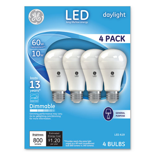 Image of GE Led Daylight A19 Dimmable Light Bulb, 10 W, 4/pack