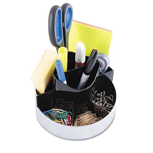 Image of Kantek Rotating Desk Organizer, 8 Compartments, Plastic, 6 x 5.75 x 4.5, Black/Silver