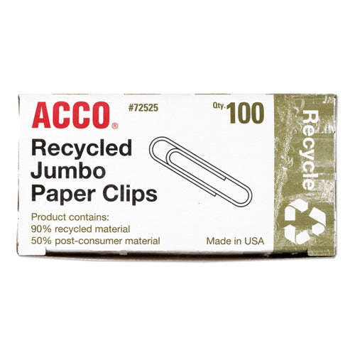 Image of ACCO Recycled Paper Clips, Jumbo, Smooth, Silver, 100 Clips/Box, 10 Boxes/Pack