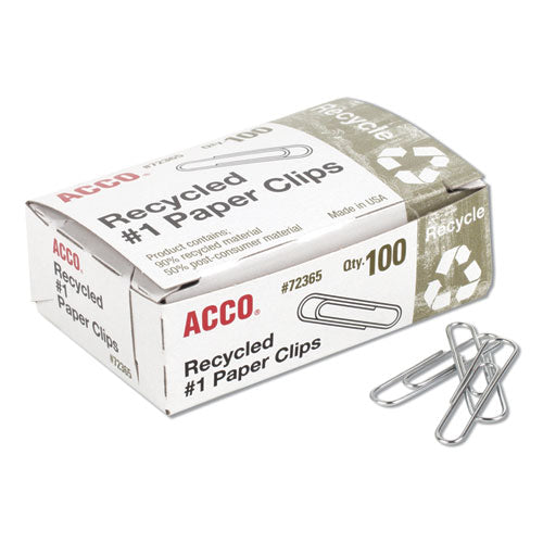 Image of ACCO Recycled Paper Clips, #1, Smooth, Silver, 100 Clips/Box, 10 Boxes/Pack