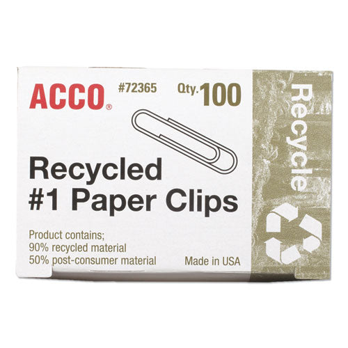 Image of ACCO Recycled Paper Clips, #1, Smooth, Silver, 100 Clips/Box, 10 Boxes/Pack