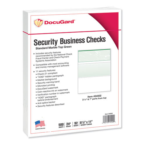 Image of DocuGard Standard Security Check, 11 Features, 8.5 X 11, Green Marble Top, 500/ream