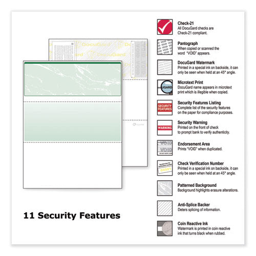Image of DocuGard Standard Security Check, 11 Features, 8.5 X 11, Green Marble Top, 500/ream