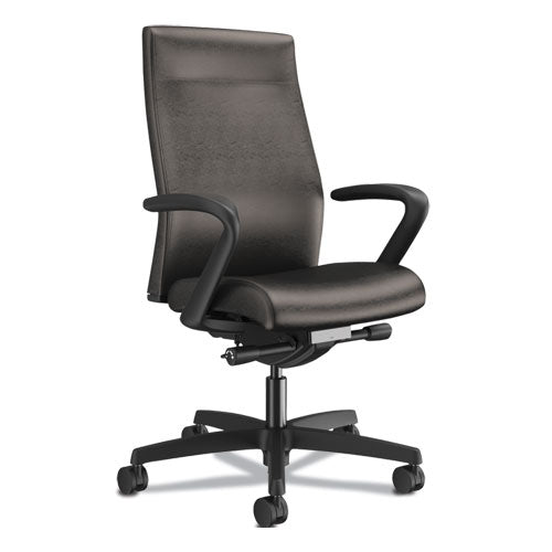 Image of HON® Ignition 2.0 Vinyl Upholstered Mid-Back Task Chair with Fixed Arms, 17" to 22" Seat Height, Black Seat/Back, Black Base