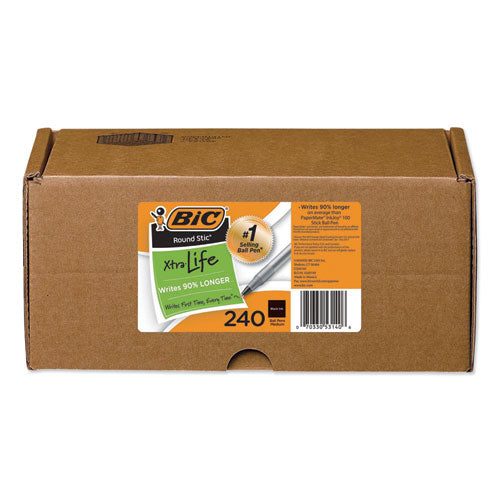 Image of BIC® Round Stic Xtra Life Ballpoint Pen Xtra Value Pack, Stick, Medium 1 mm, Black Ink, Translucent Frost Barrel, 240/Carton