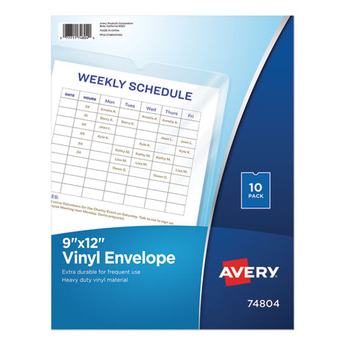 Image of Avery® Top-Load Clear Vinyl Envelopes w/Thumb Notch, 9" x 12", Clear, 10/Pack