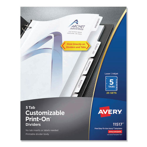 Image of Avery® Customizable Print-On Dividers, 3-Hole Punched, 5-Tab, 11 x 8.5, White, 25 Sets