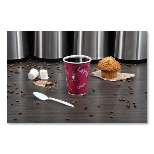 Image of SOLO® Paper Hot Drink Cups in Bistro Design, 12 oz, Maroon, 50/Bag, 20 Bags/Carton