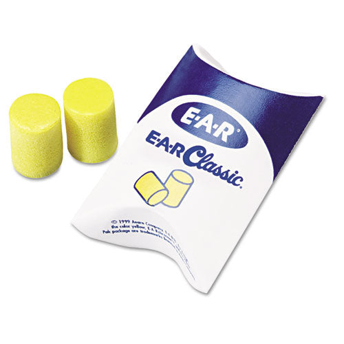 Image of 3M E-A-R Classic Earplugs, Pillow Paks, Cordless, PVC Foam, Yellow, 200 Pairs/Box