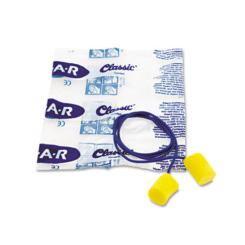 Image of 3M E-A-R Classic Earplugs, Corded, PVC Foam, Yellow, 200 Pairs/Box
