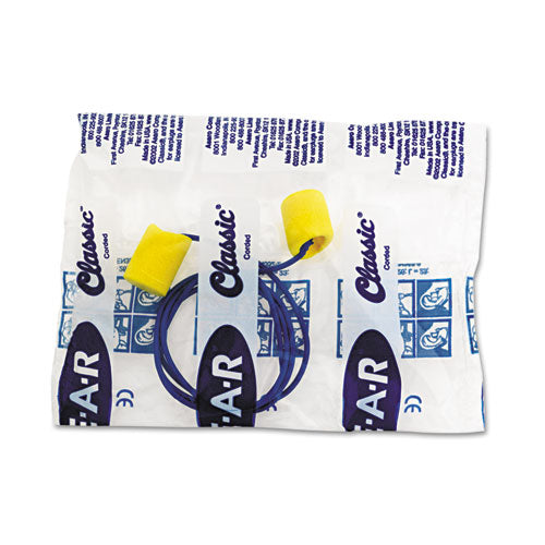 Image of 3M E-A-R Classic Earplugs, Corded, PVC Foam, Yellow, 200 Pairs/Box