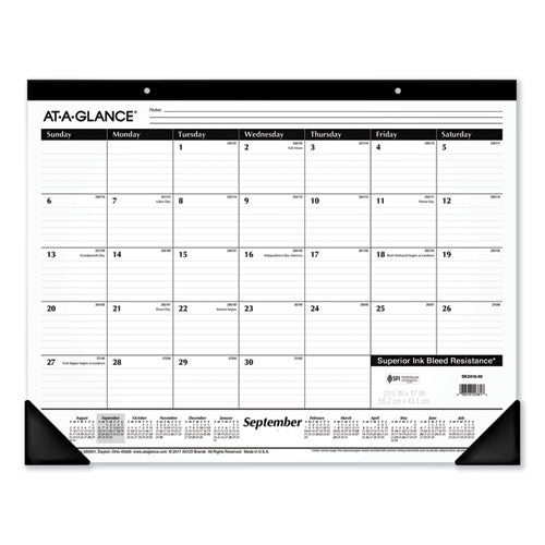 Image of AT-A-GLANCE® Academic Year Ruled Desk Pad, 21.75 x 17, White Sheets, Black Binding, Black Corners, 16-Month (Sept to Dec): 2024 to 2025