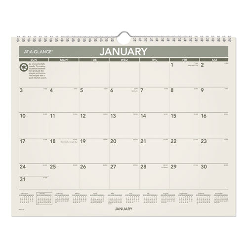 Image of AT-A-GLANCE® Recycled Wall Calendar, Unruled Blocks, 15 x 12, Sand/Green Sheets, 12-Month (Jan to Dec): 2025